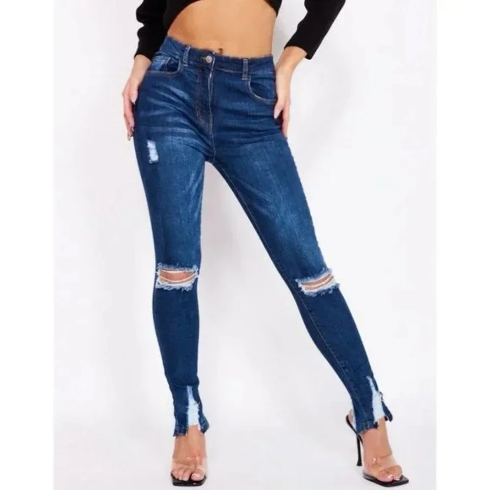 Blue High Waist Ripped Distressed Split Hem Skinny Jeans Denim Pants - Picture 5 of 13